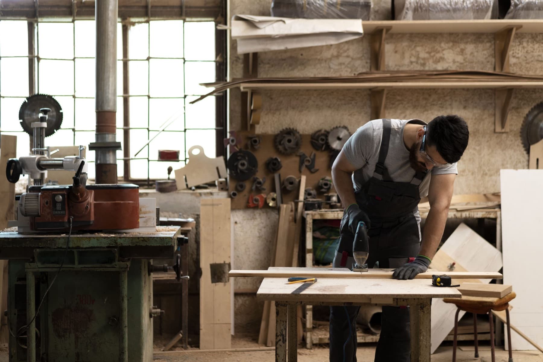Carpintero cortando madera en el taller